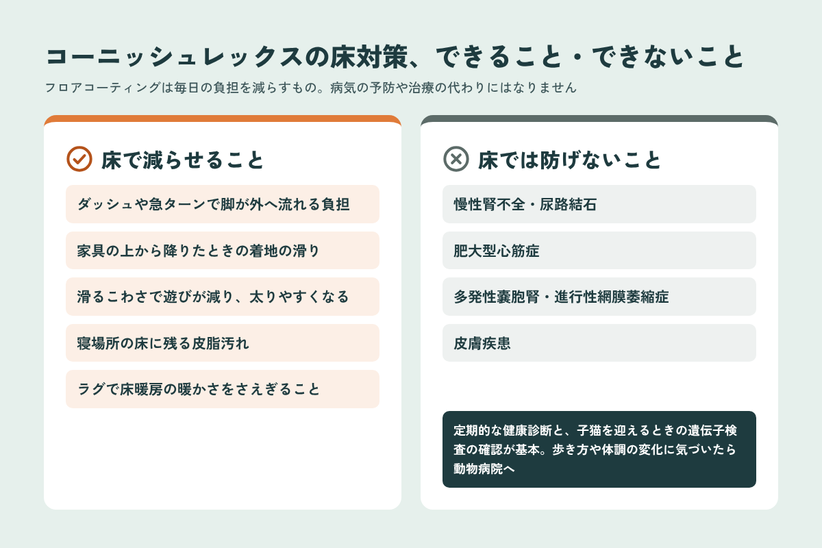 コーニッシュレックスの床対策で減らせることと床では防げない病気の比較