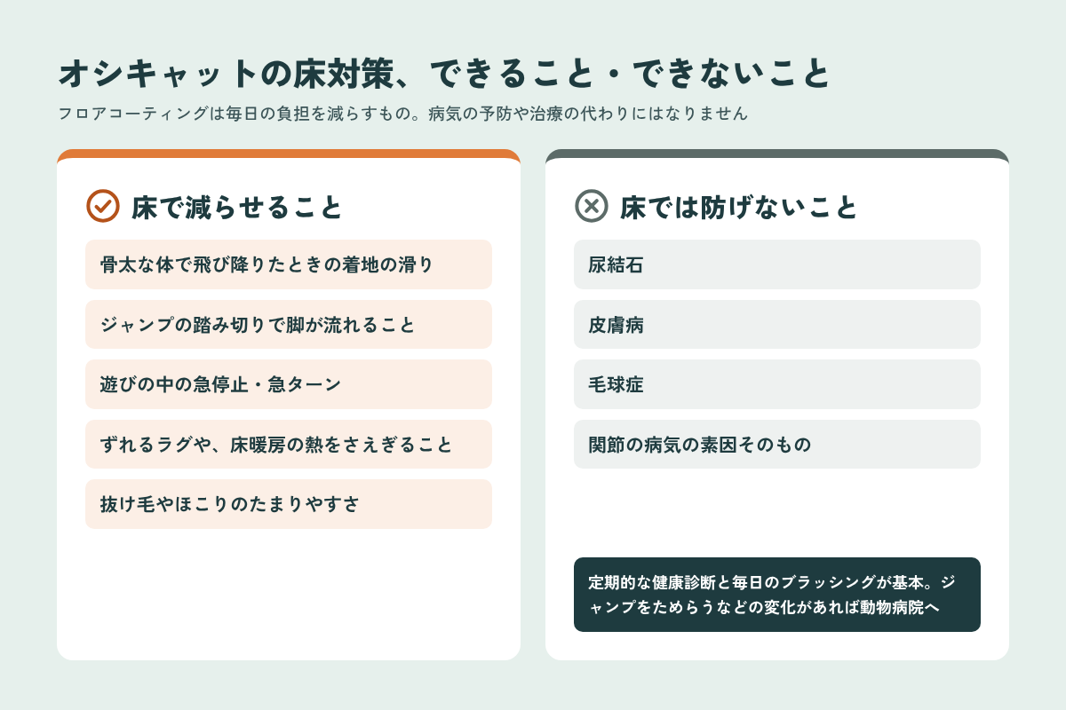 オシキャットの床対策で減らせることと床では防げない病気の比較