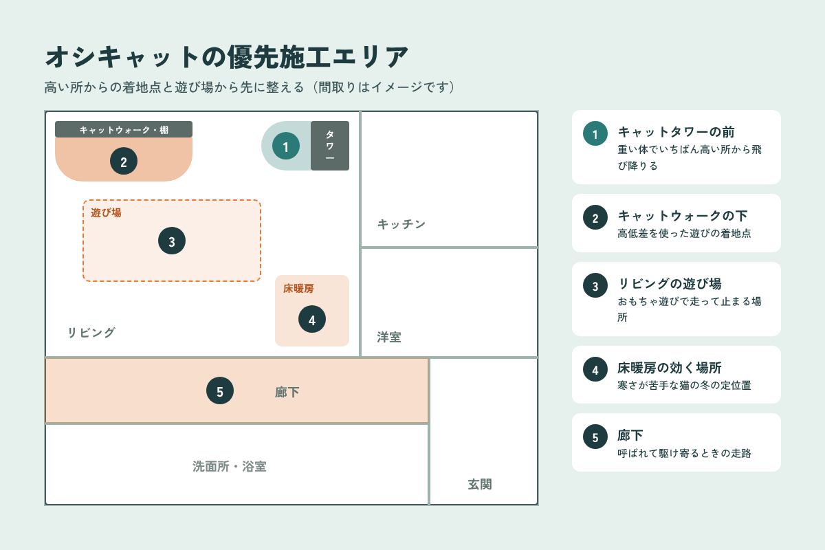 オシキャットの優先施工エリア キャットタワー前・キャットウォークの下・遊び場・床暖房・廊下