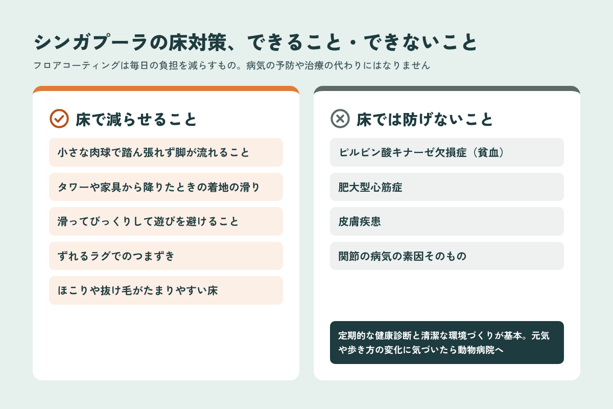 シンガプーラの床対策で減らせることと床では防げない病気の比較