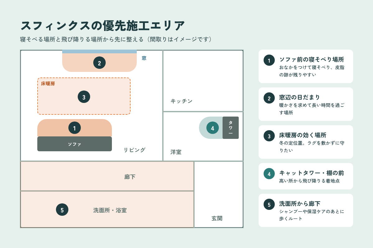 スフィンクスの優先施工エリア ソファ前・窓辺・床暖房・キャットタワー前・洗面所から廊下