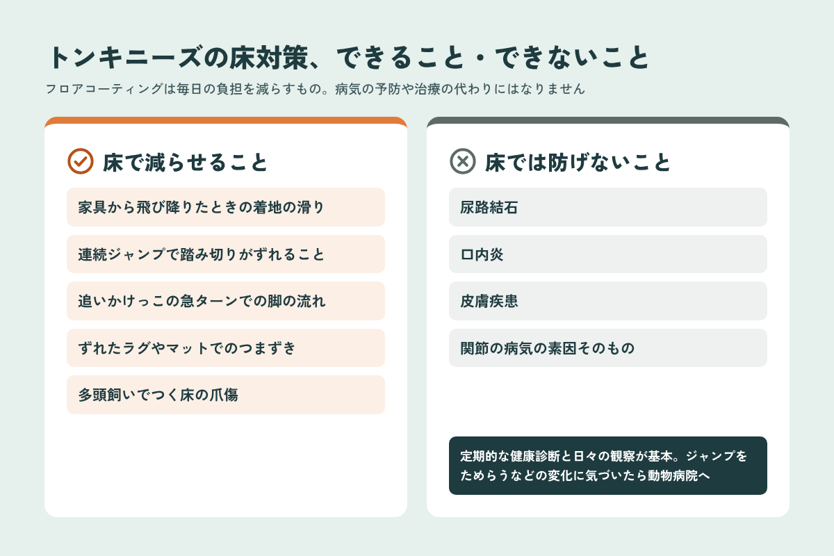 トンキニーズの床対策で減らせることと床では防げない病気の比較