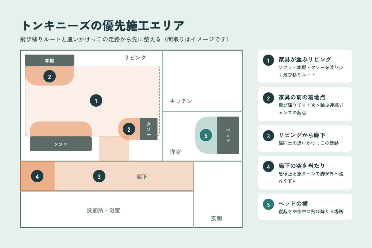 トンキニーズの優先施工エリア 家具が並ぶリビング・家具の前の着地点・廊下・突き当たり・ベッドの横